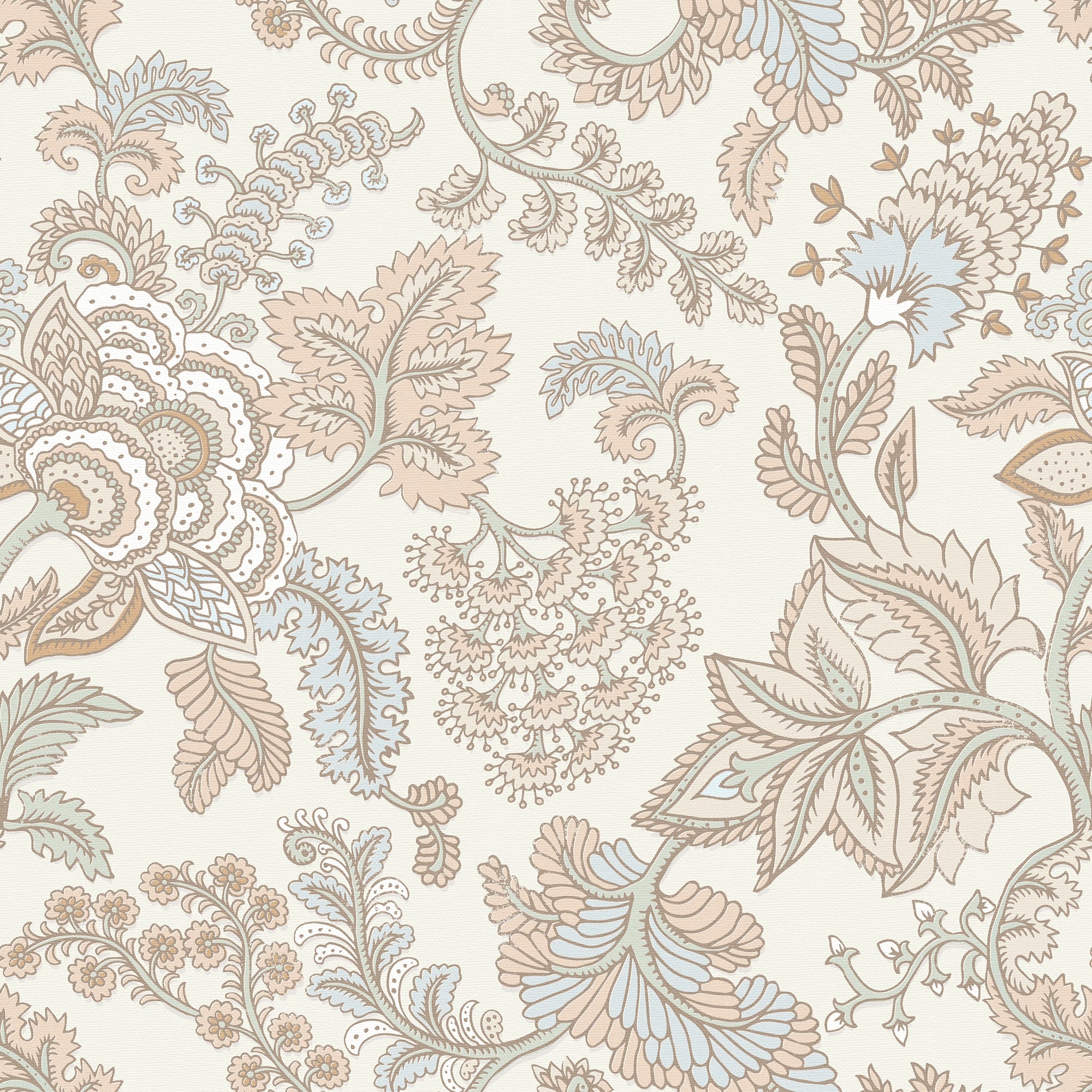Jacobean Splendour Wallpaper in Blue and Hazelnut on Milk Foam