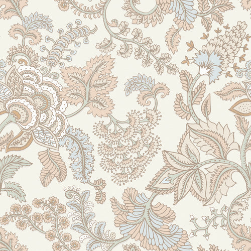 Jacobean Splendour Wallpaper in Blue and Hazelnut on Milk Foam