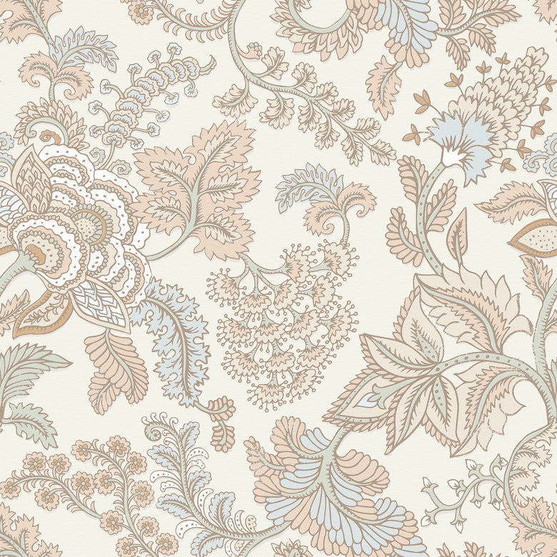 Jacobean Splendour Wallpaper in Blue and Hazelnut on Milk Foam
