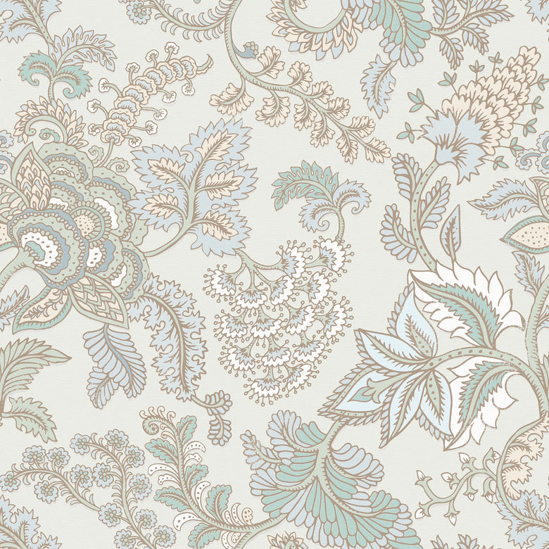 Jacobean Splendour Wallpaper in Clay Blue and Thunder on Soft Clay