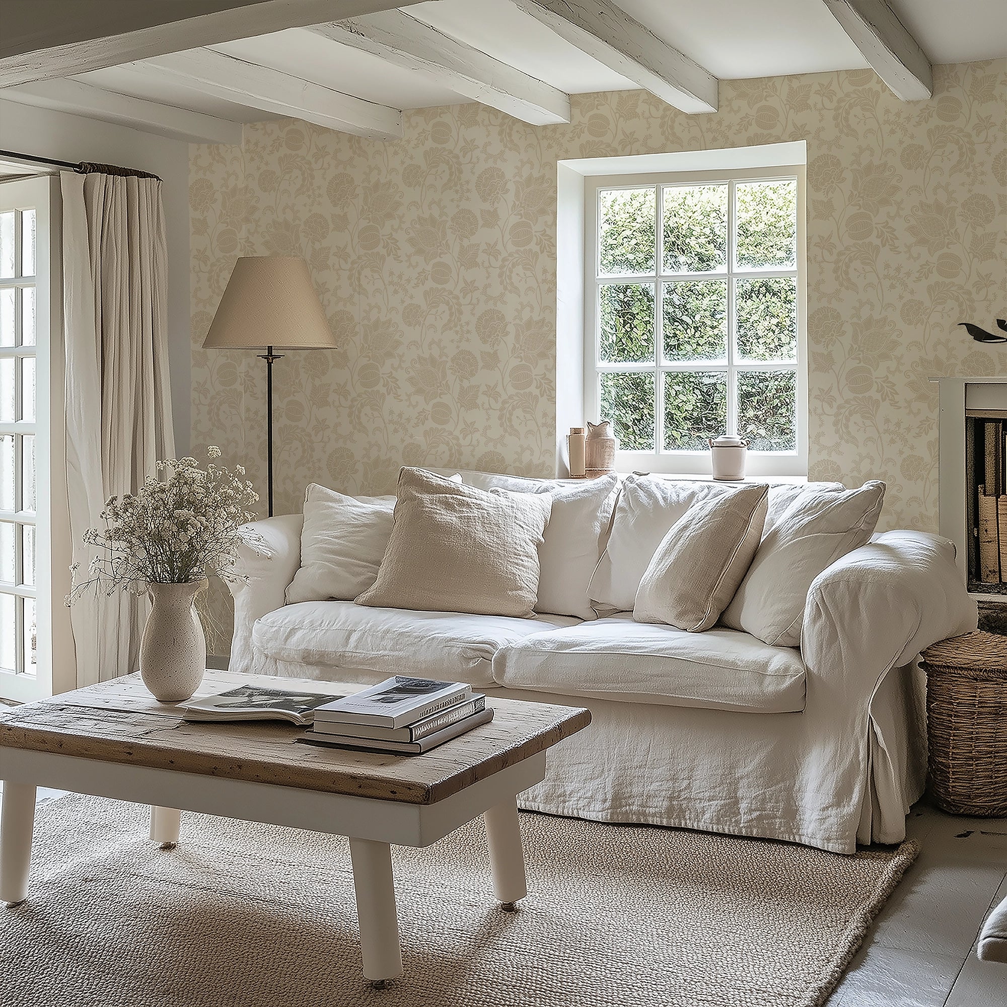 Jacobean Bloom Wallpaper in Latte on Warm Cream