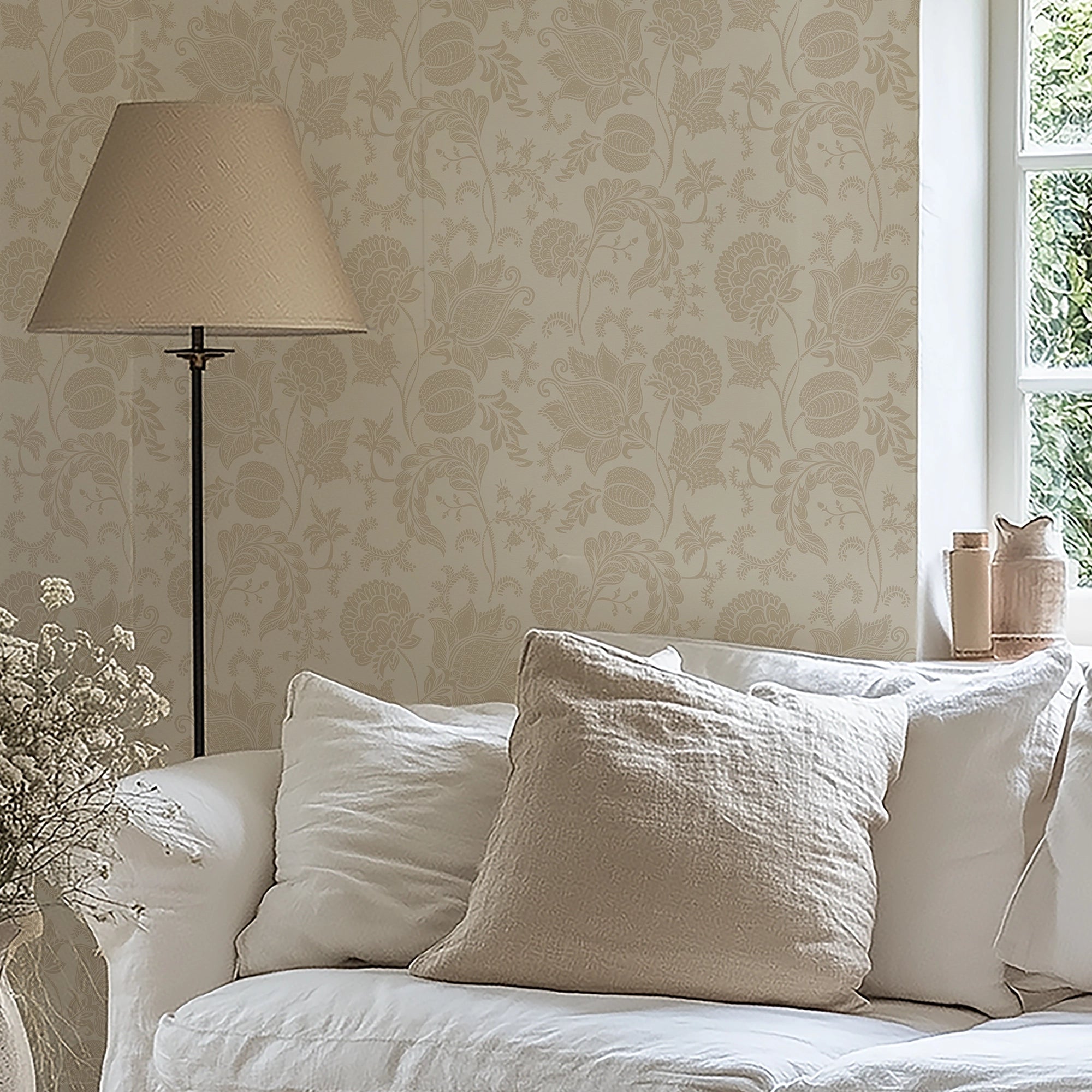 Jacobean Bloom Wallpaper in Latte on Warm Cream