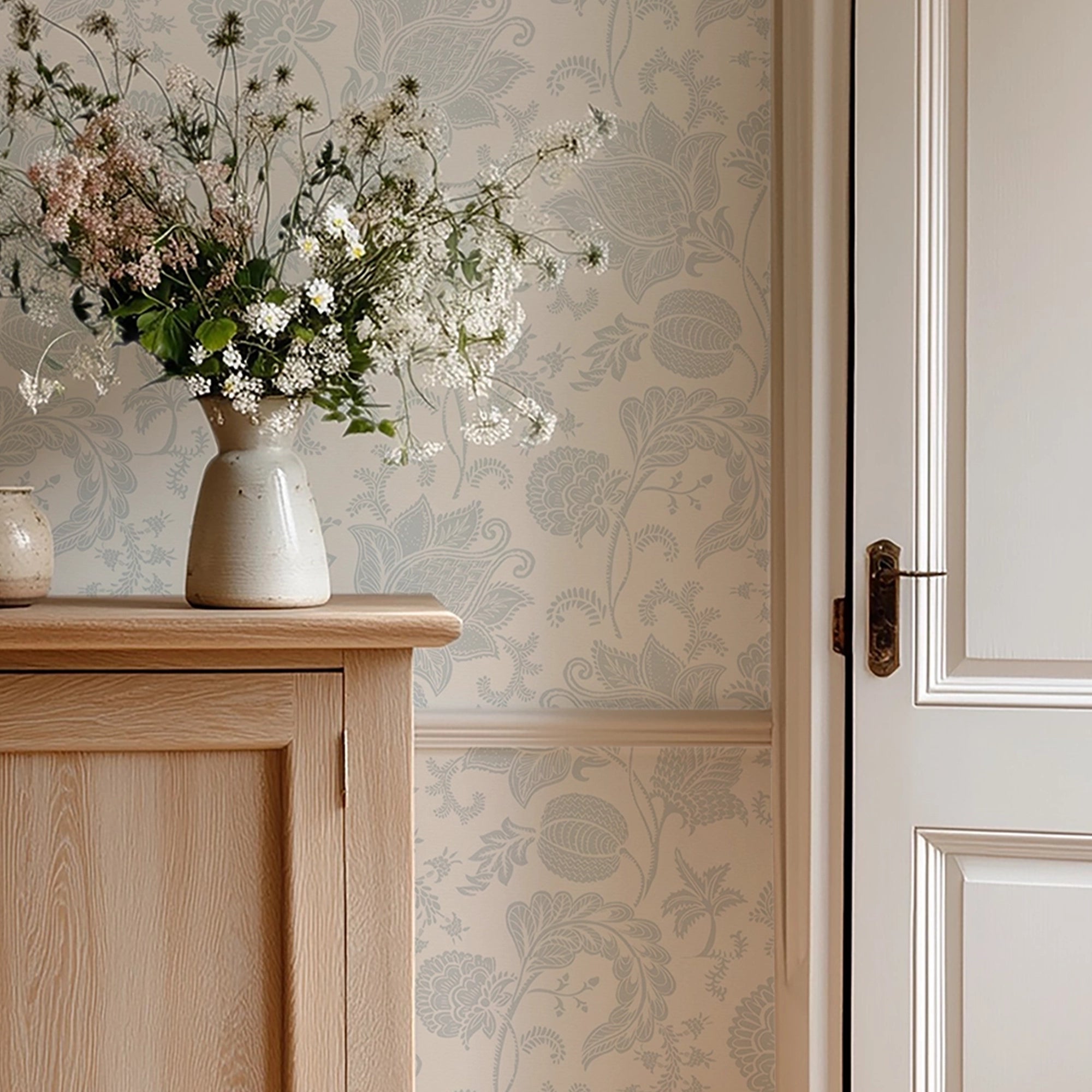 Jacobean Bloom Wallpaper in Light Blue on Milk White