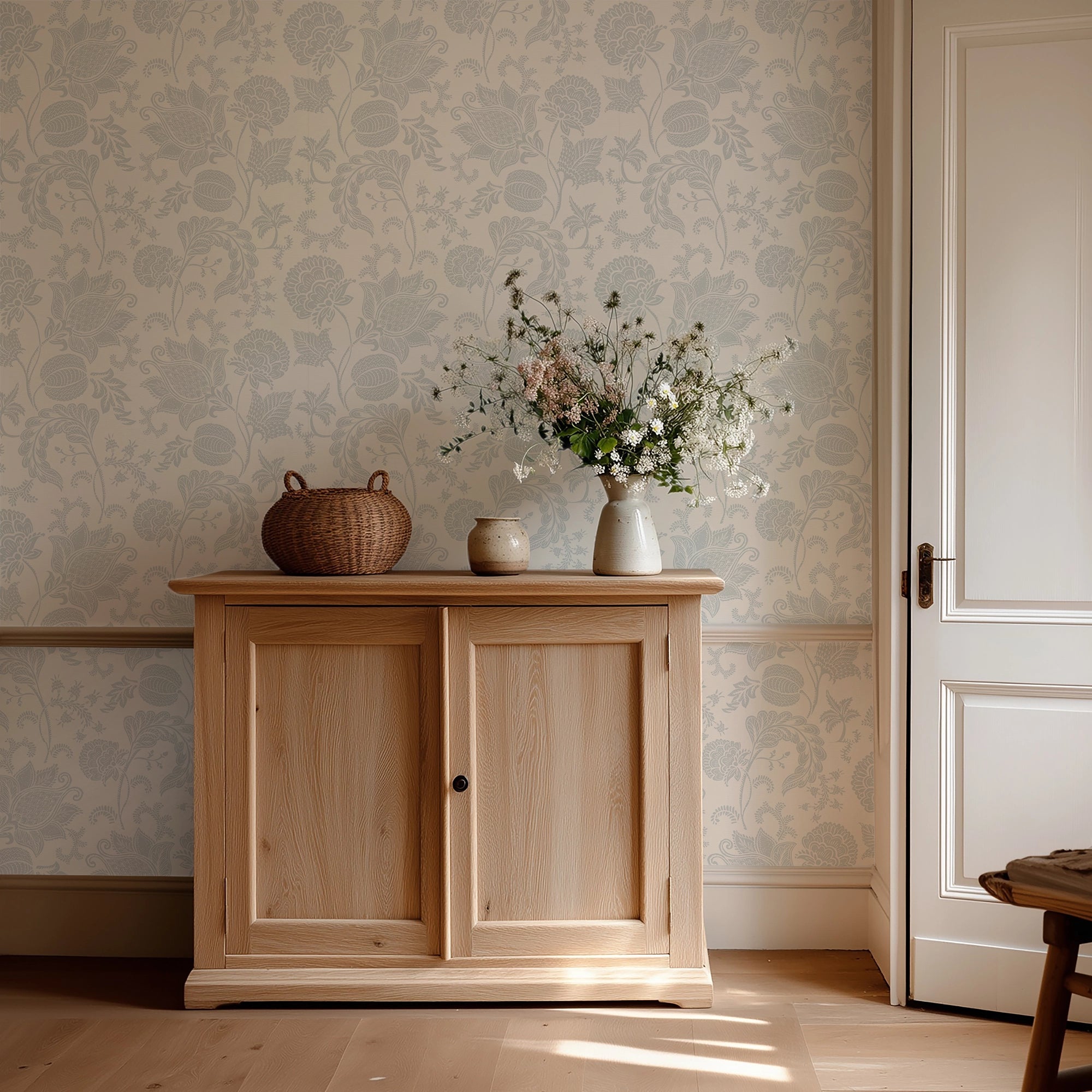 Jacobean Bloom Wallpaper in Light Blue on Milk White