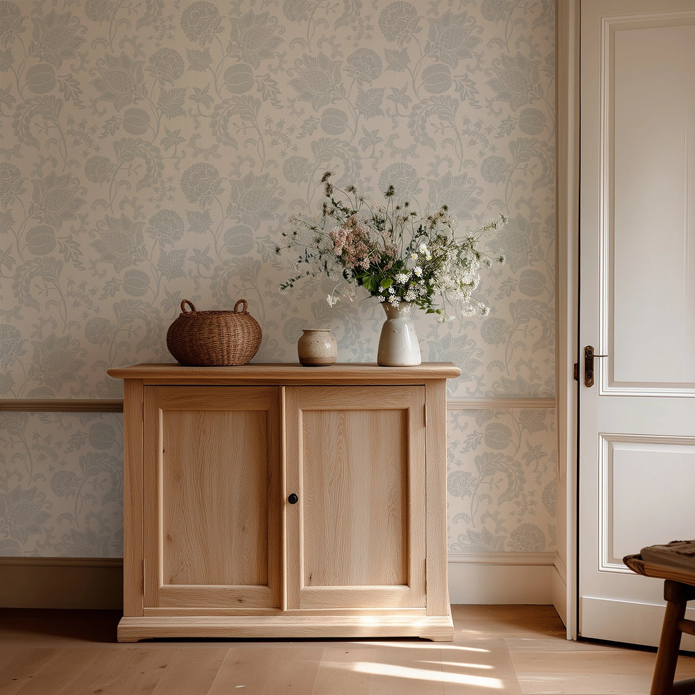 Jacobean Bloom Wallpaper in Light Blue on Milk White