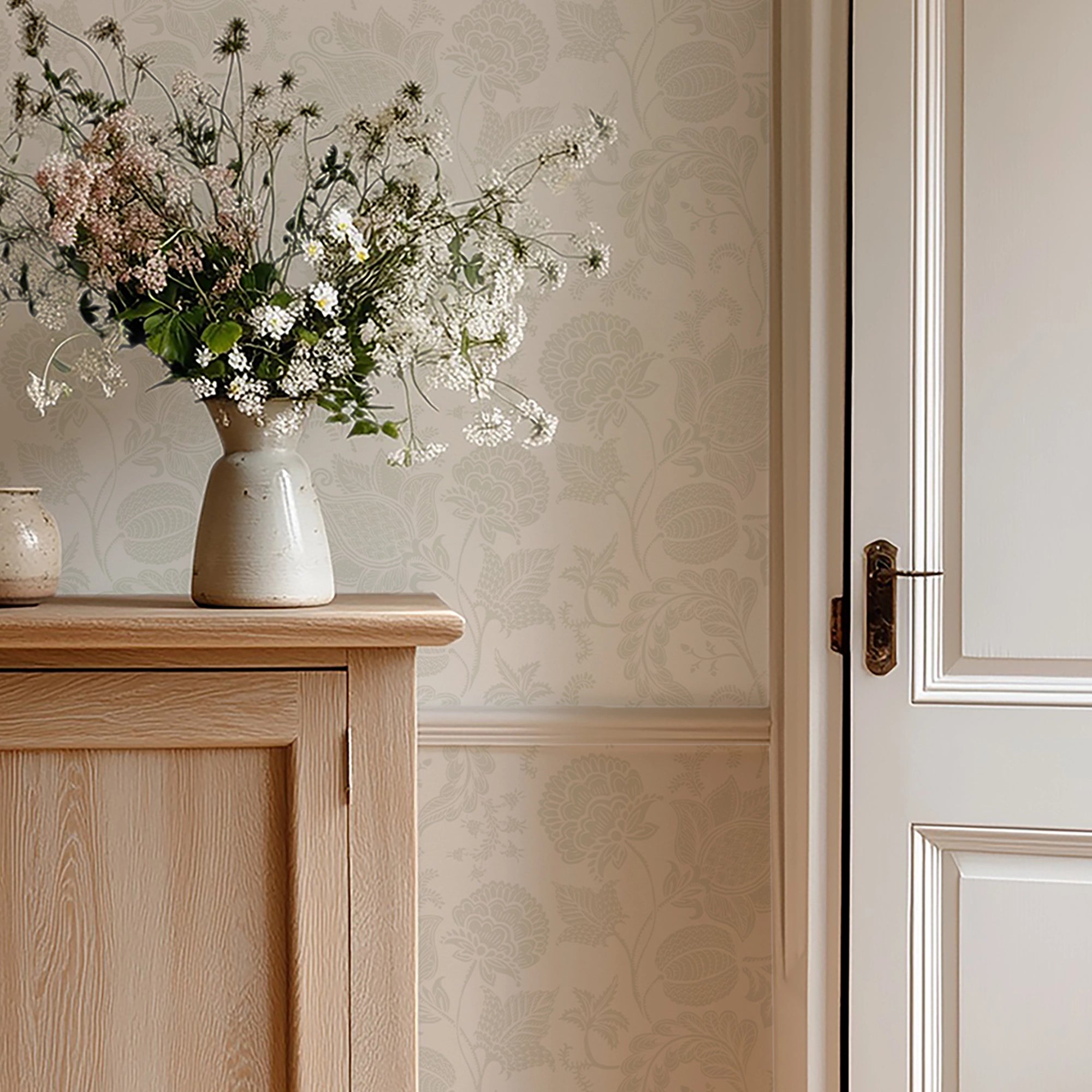 Jacobean Bloom Wallpaper in Light Sage on Milk Foam