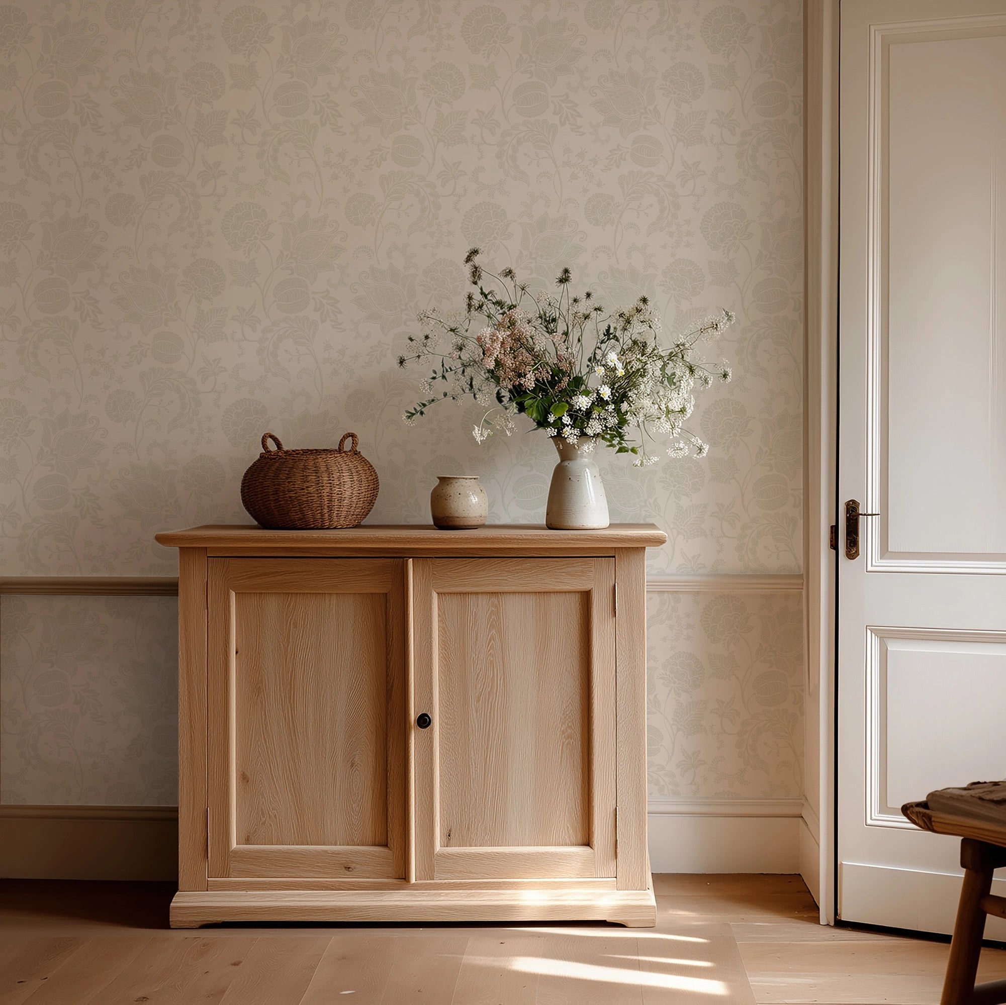 Jacobean Bloom Wallpaper in Light Sage on Milk Foam