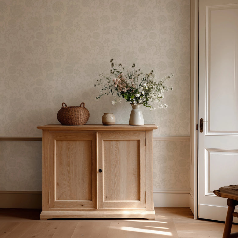 Jacobean Bloom Wallpaper in Light Sage on Milk Foam