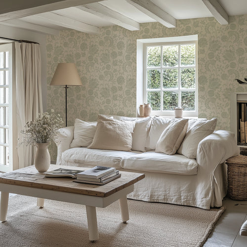 Jacobean Bloom Wallpaper in Sage on Biscuit