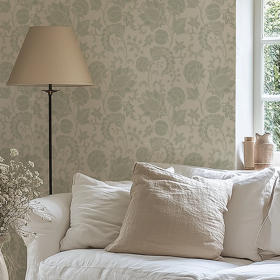 Jacobean Bloom Wallpaper in Sage on Biscuit