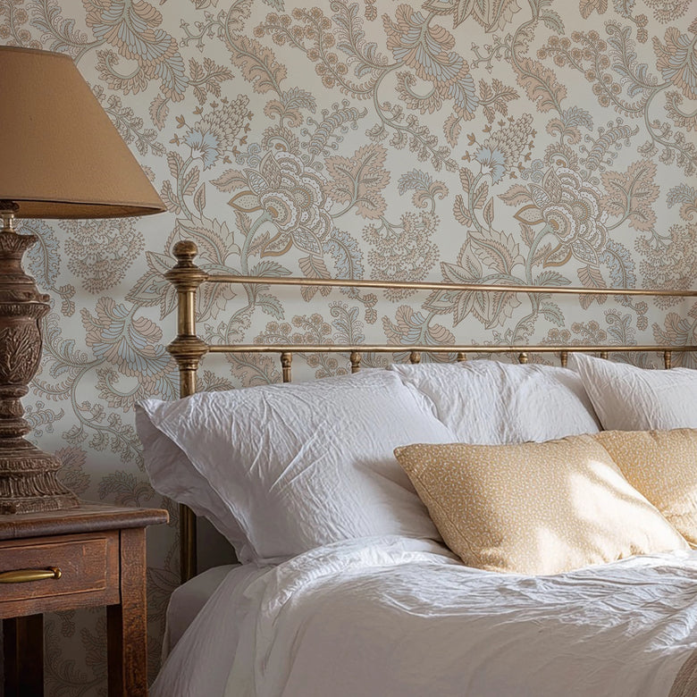 Jacobean Splendour Wallpaper in Blue and Hazelnut on Milk Foam