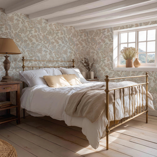 Jacobean Splendour Wallpaper in Blue and Hazelnut on Milk Foam