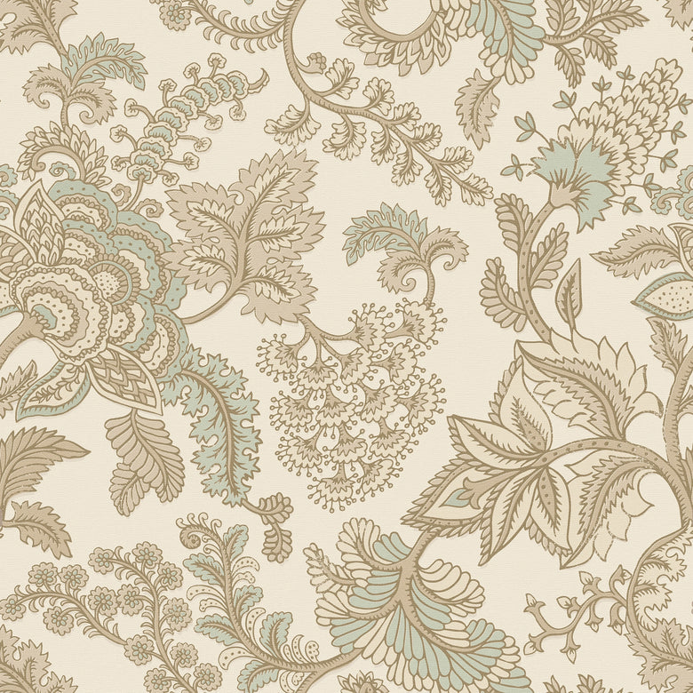 Jacobean Splendour Wallpaper in Toffee and Sage on Biscuit