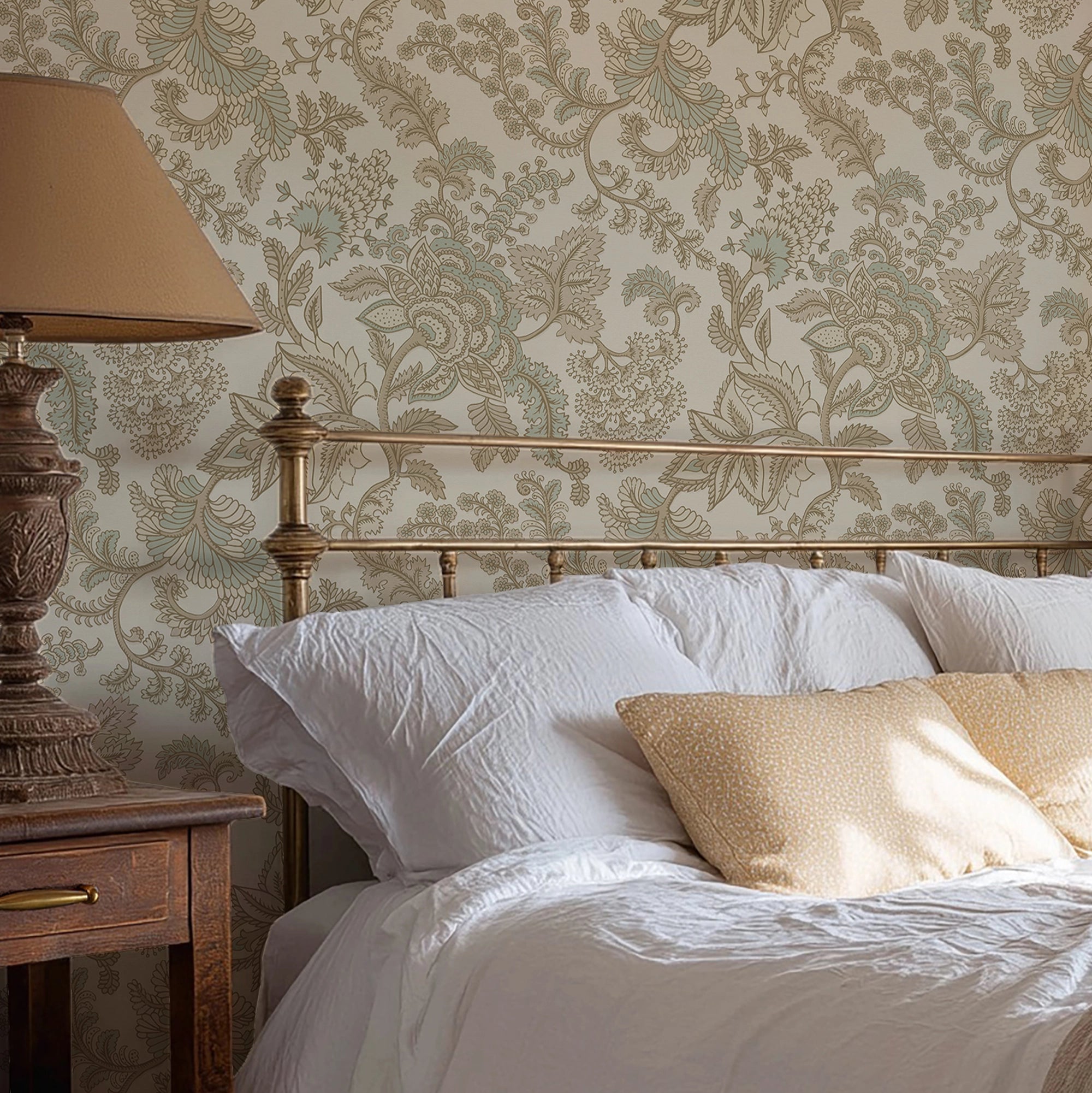 Jacobean Splendour Wallpaper in Toffee and Sage on Biscuit