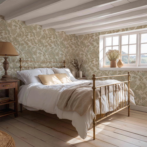 Jacobean Splendour Wallpaper in Toffee and Sage on Biscuit