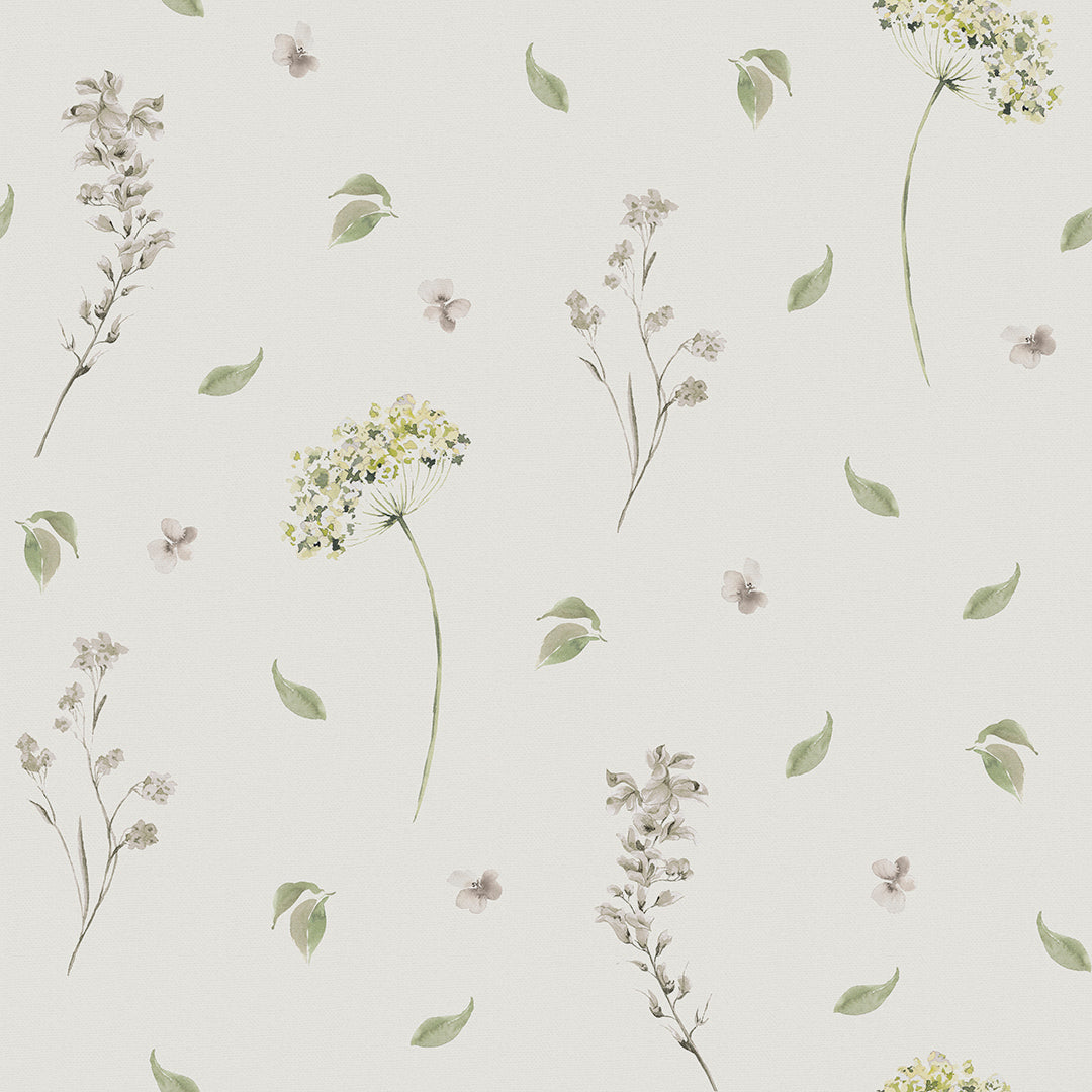 wallpaper thumbnail showing a floral pattern with green leaves and cream colored flowers on a linen cream background.