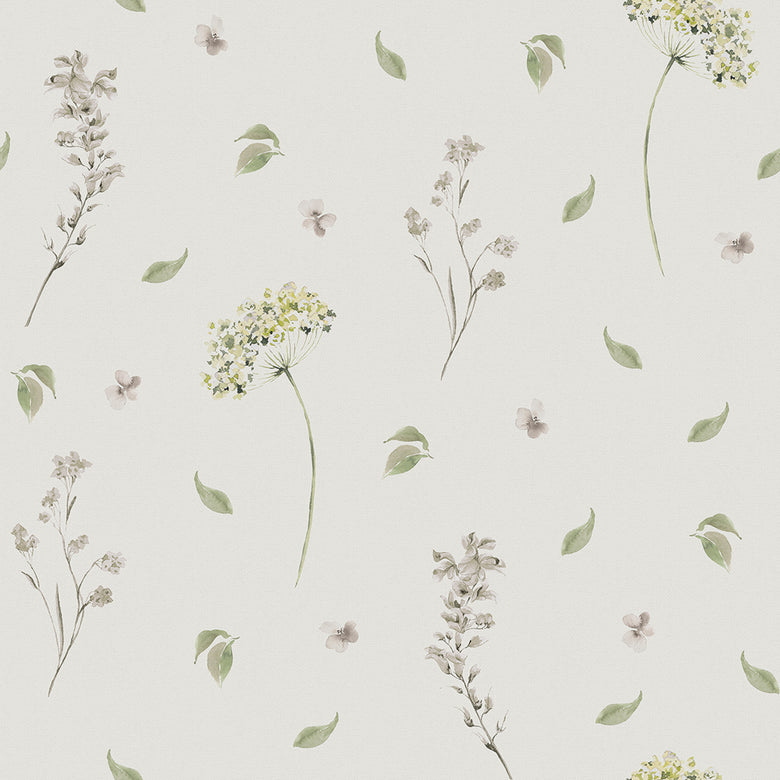 Sweet Meadow Wallpaper in Sage Green on Linen Cream