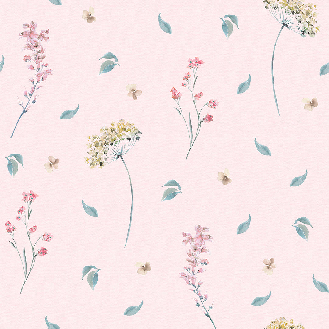 Sample of Sweet Meadow Wallpaper in Soft Teal on Pastel Pink