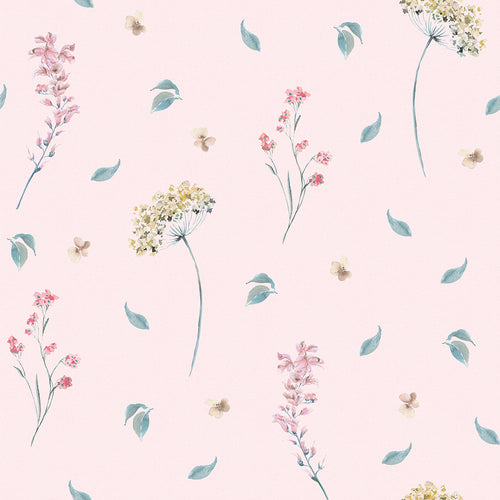 Sample of Sweet Meadow Wallpaper in Soft Teal on Pastel Pink