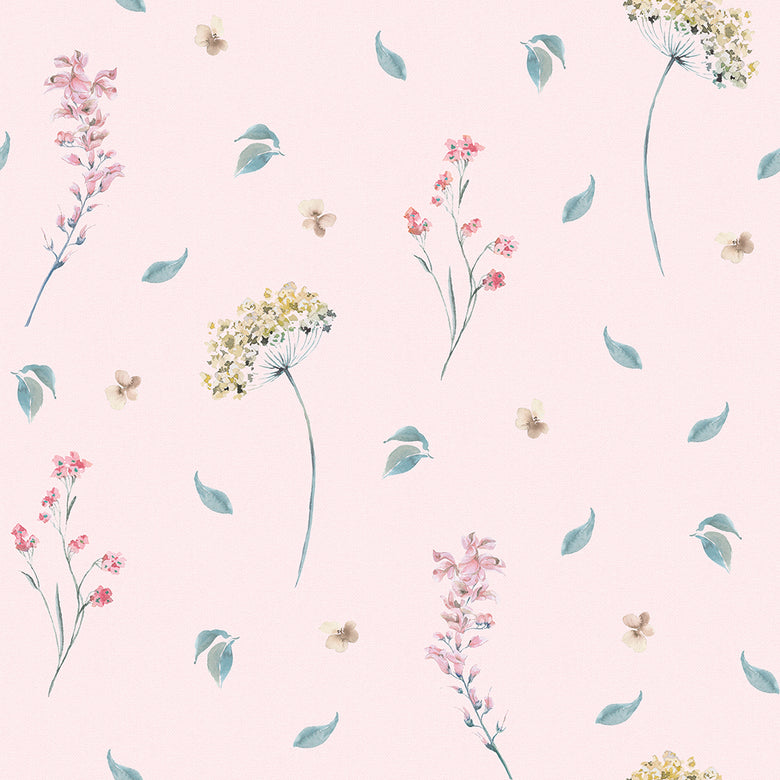 Sample of Sweet Meadow Wallpaper in Soft Teal on Pastel Pink