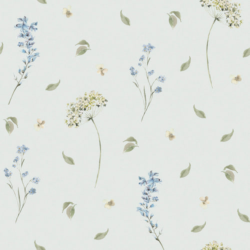 Sample of Sweet Meadow Wallpaper in Cornflower Blue and Sage on Mist