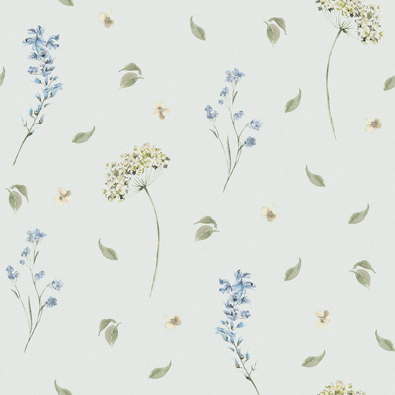 Sample of Sweet Meadow Wallpaper in Cornflower Blue and Sage on Mist