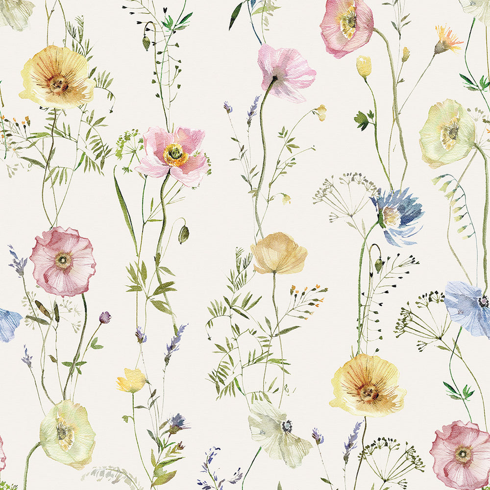 Sample of Delicate Stems Wallpaper in Soft Pastels on Linen