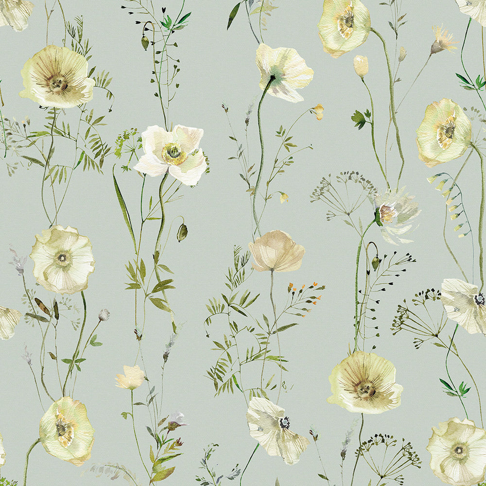 Delicate Stems Wallpaper  in Shades of Cream on Seafoam Green