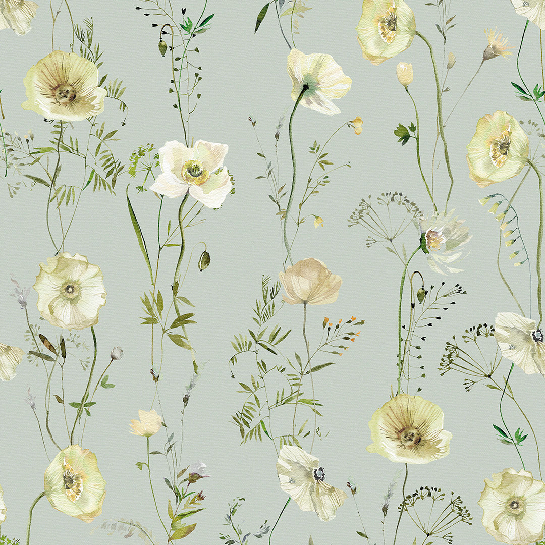 Wallpaper thumbnail featuring delicate floral stems with cream colored flowers on a seafoam green background.