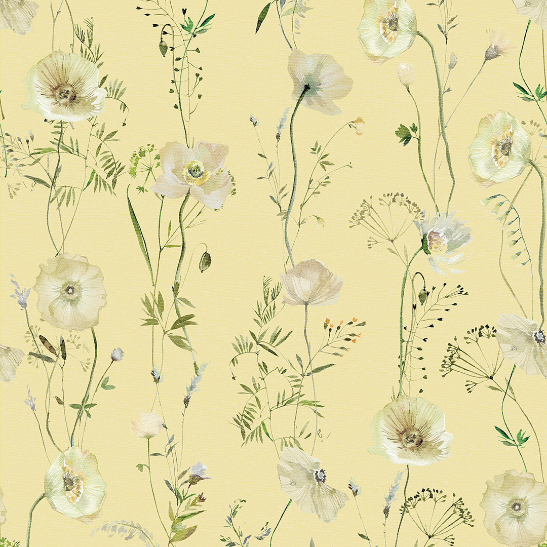 wallpaper thumbnail with a floral pattern featuring delicate stems in shades of cream on a soft lemon yellow background.