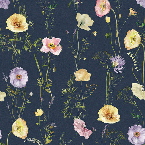 Delicate Stems Wallpaper in Soft Pastels on Classic Navy