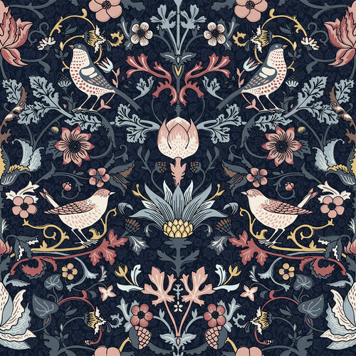 Garden Visitors Wallpaper in Shades of Rose and Mineral on Royal Navy