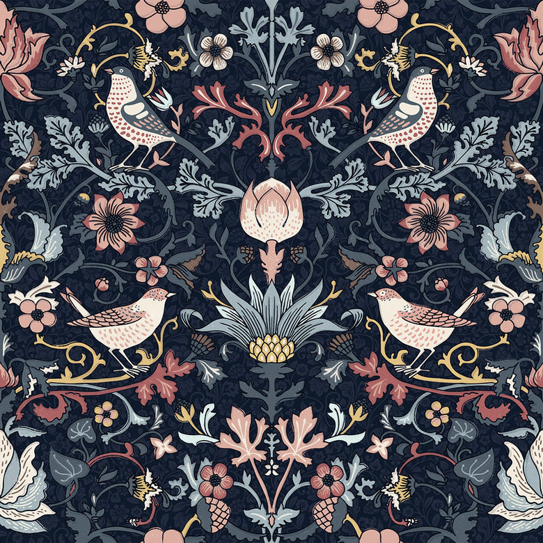 Sample of Garden Visitors Wallpaper in Shades of Rose and Mineral on Royal Navy