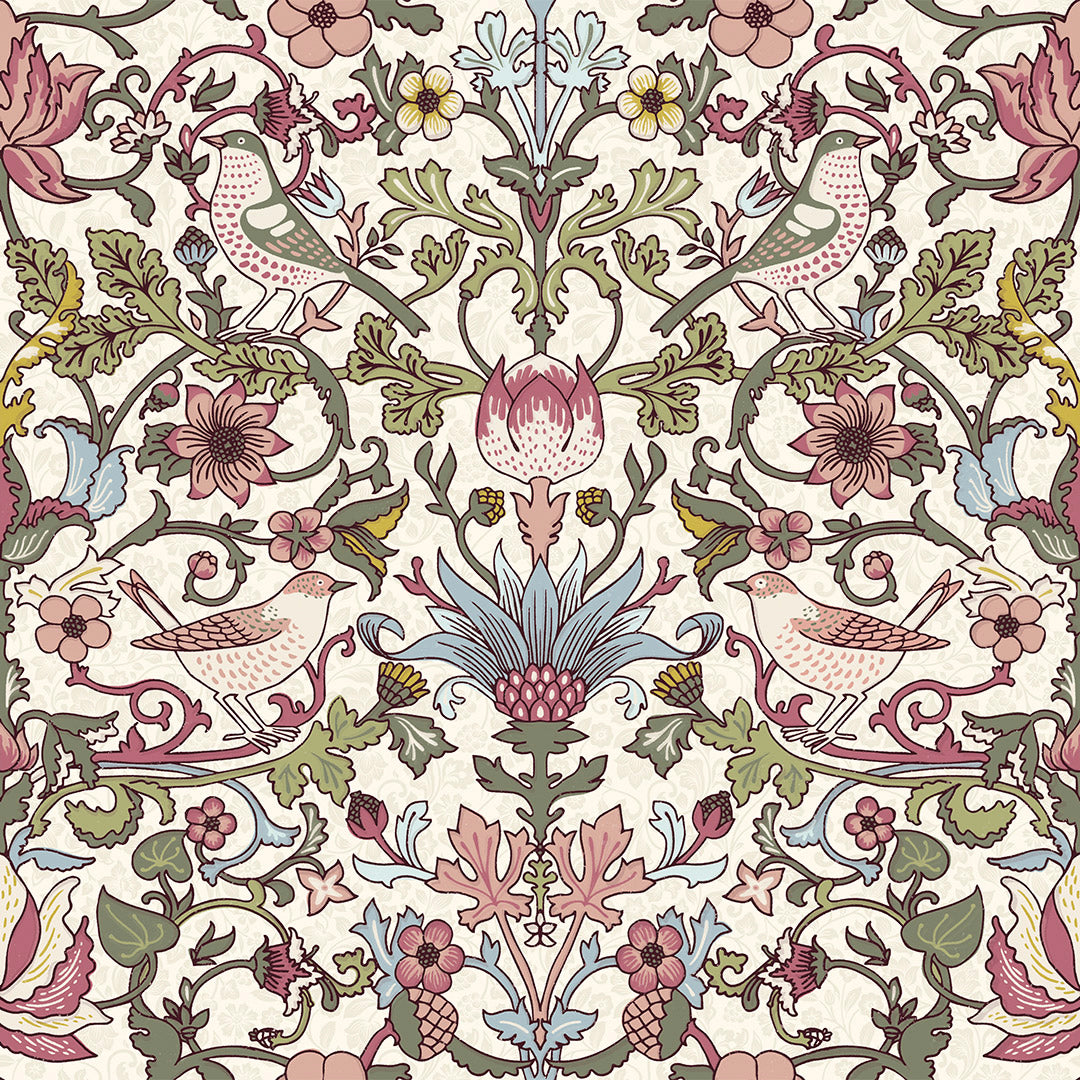 Garden Visitors Wallpaper in Raspberry, Mineral and Olive on Windsor Cream