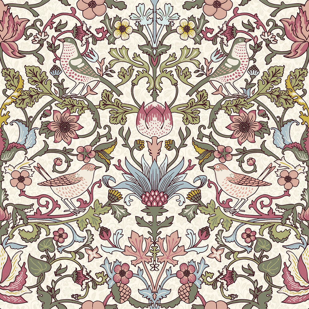 Garden Visitors Wallpaper in Raspberry, Mineral and Olive on