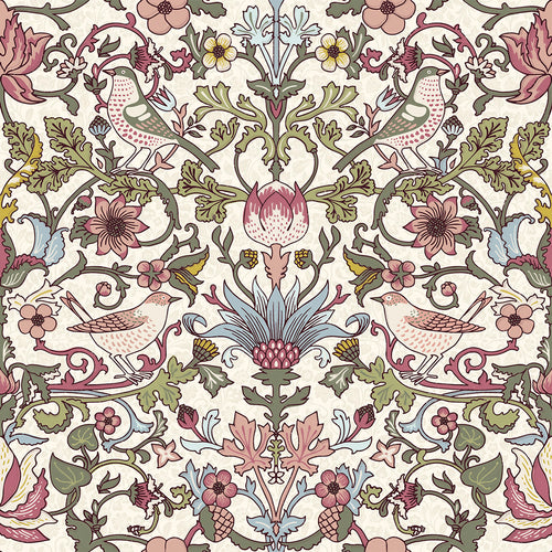 Sample of Garden Visitors Wallpaper in Raspberry, Mineral and Olive on Windsor Cream