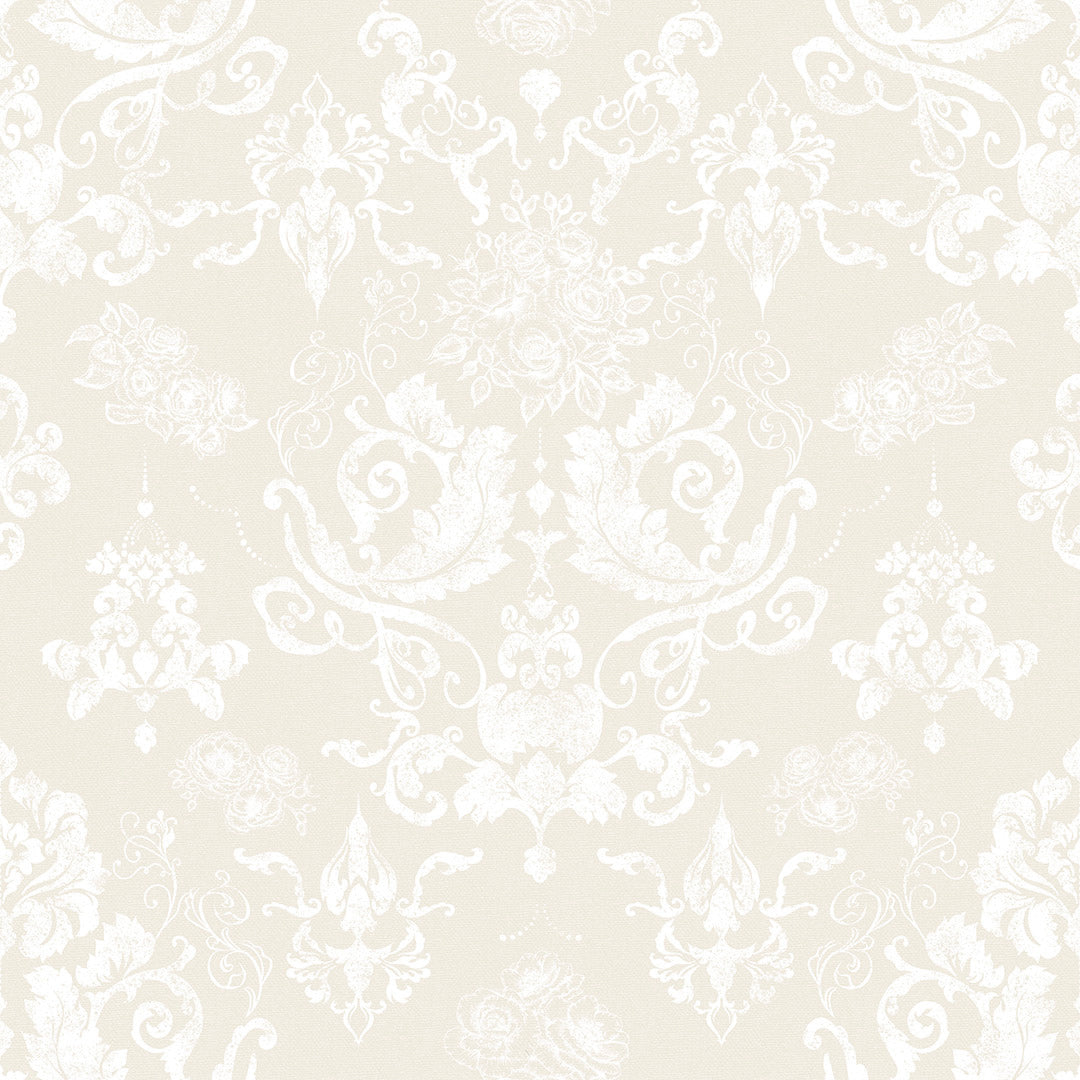 Damask wallpaper thumbnail with a repeating pattern featuring botanical and floral motifs in cream and pearl white colors.