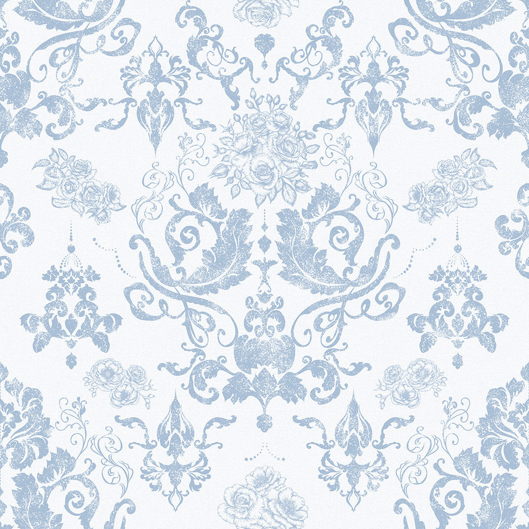 Blue and white ornate damask wallpaper thumbnail with intricate floral patterns.