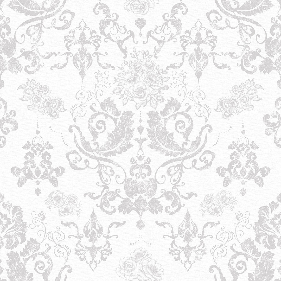 Damask wallpaper thumbnail featuring a floral and scroll pattern in grey on a white background.