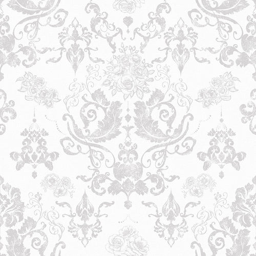 Sample of Bridgerton Damask Wallpaper in Pearl White and Vintage Gray