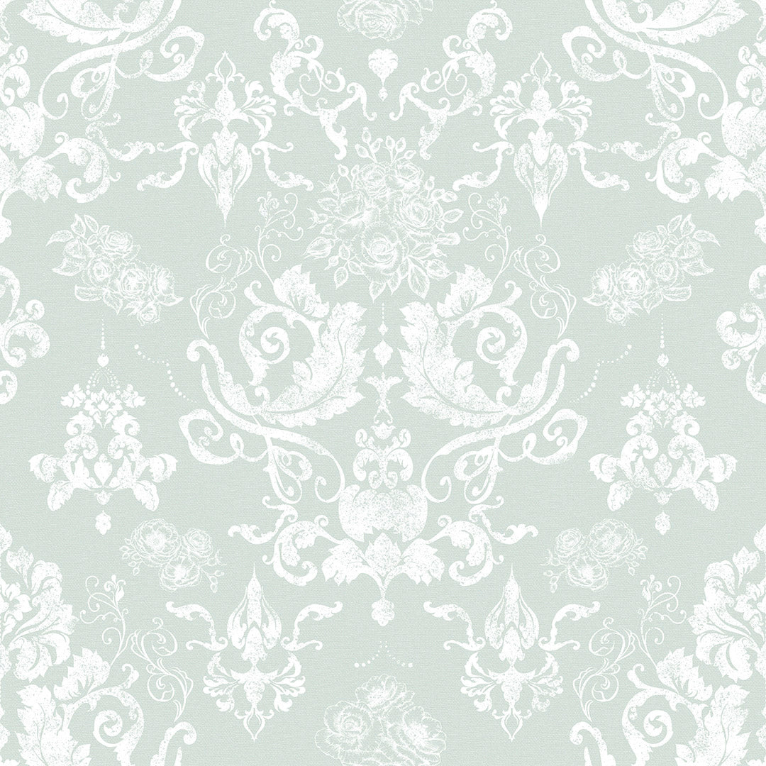 Damask wallpaper thumbnail in soft mint green with a traditional ornate pattern.