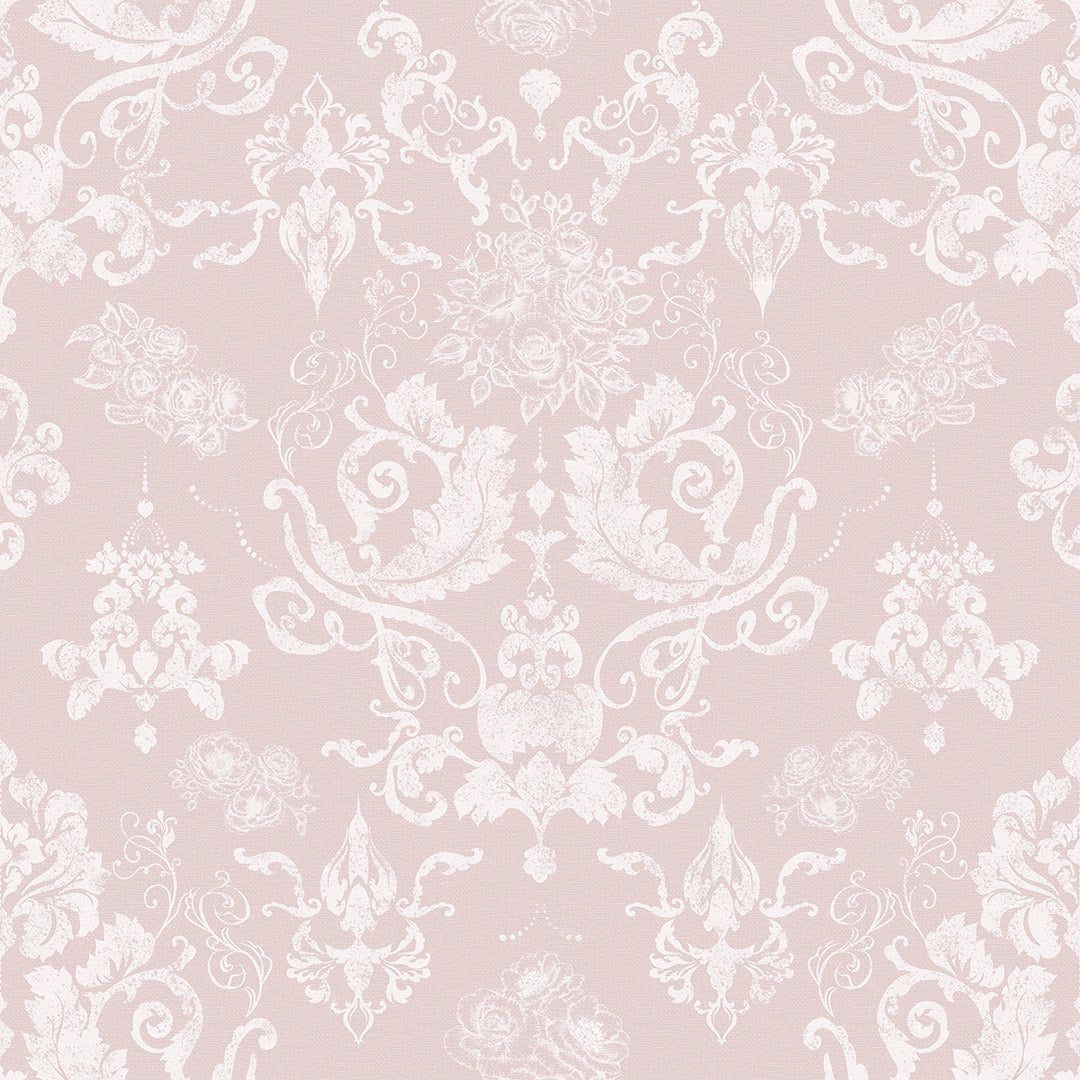 Damask wallpaper thumbnail with floral motifs in white on a light pink background. 