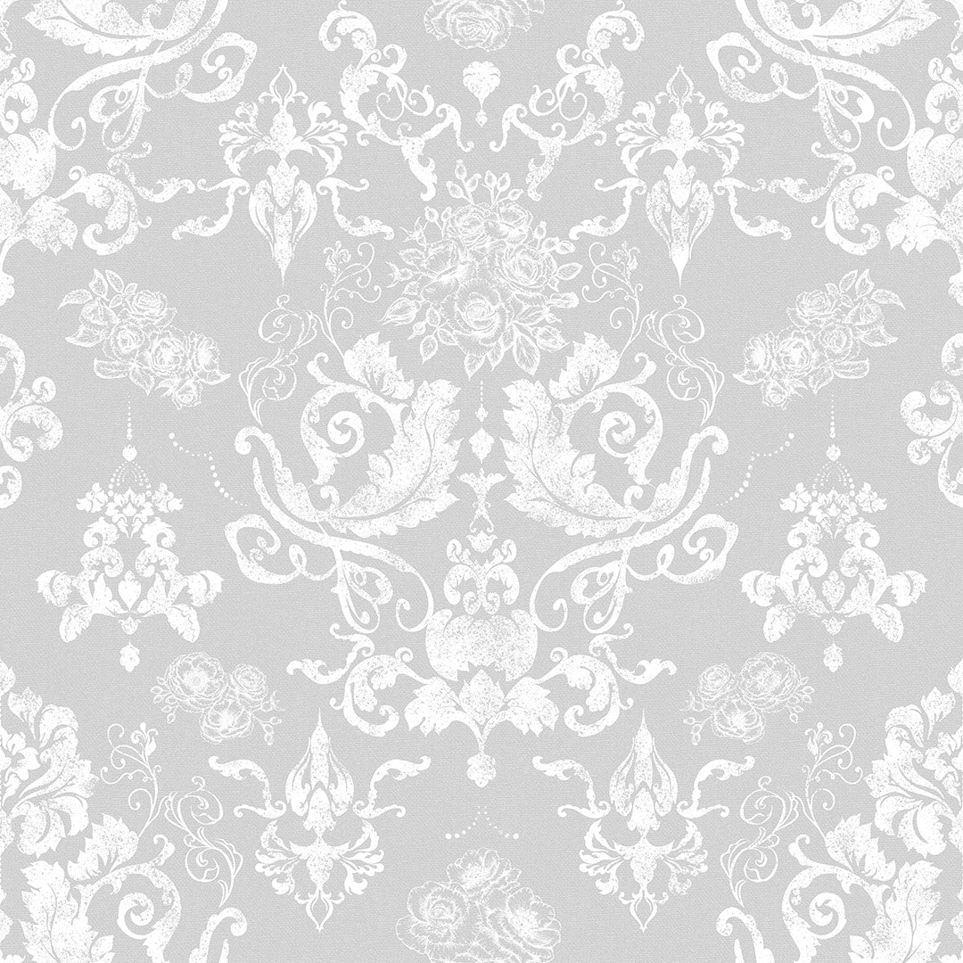 Damask wallpaper thumbnail in light grey featuring white floral motifs. 
