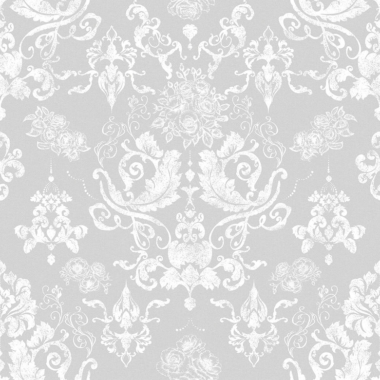 Sample of Bridgerton Damask Wallpaper in Classic Gray and Pearl White