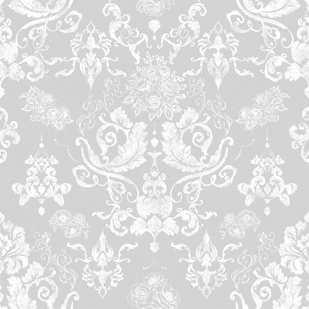 Sample of Bridgerton Damask Wallpaper in Classic Grey and Pearl White