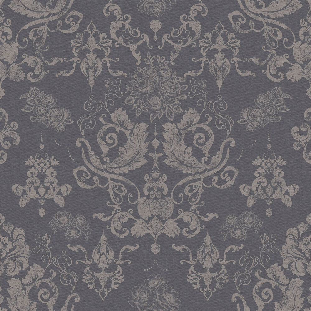 Bridgerton Damask Wallpaper in Slate and Vintage Grey