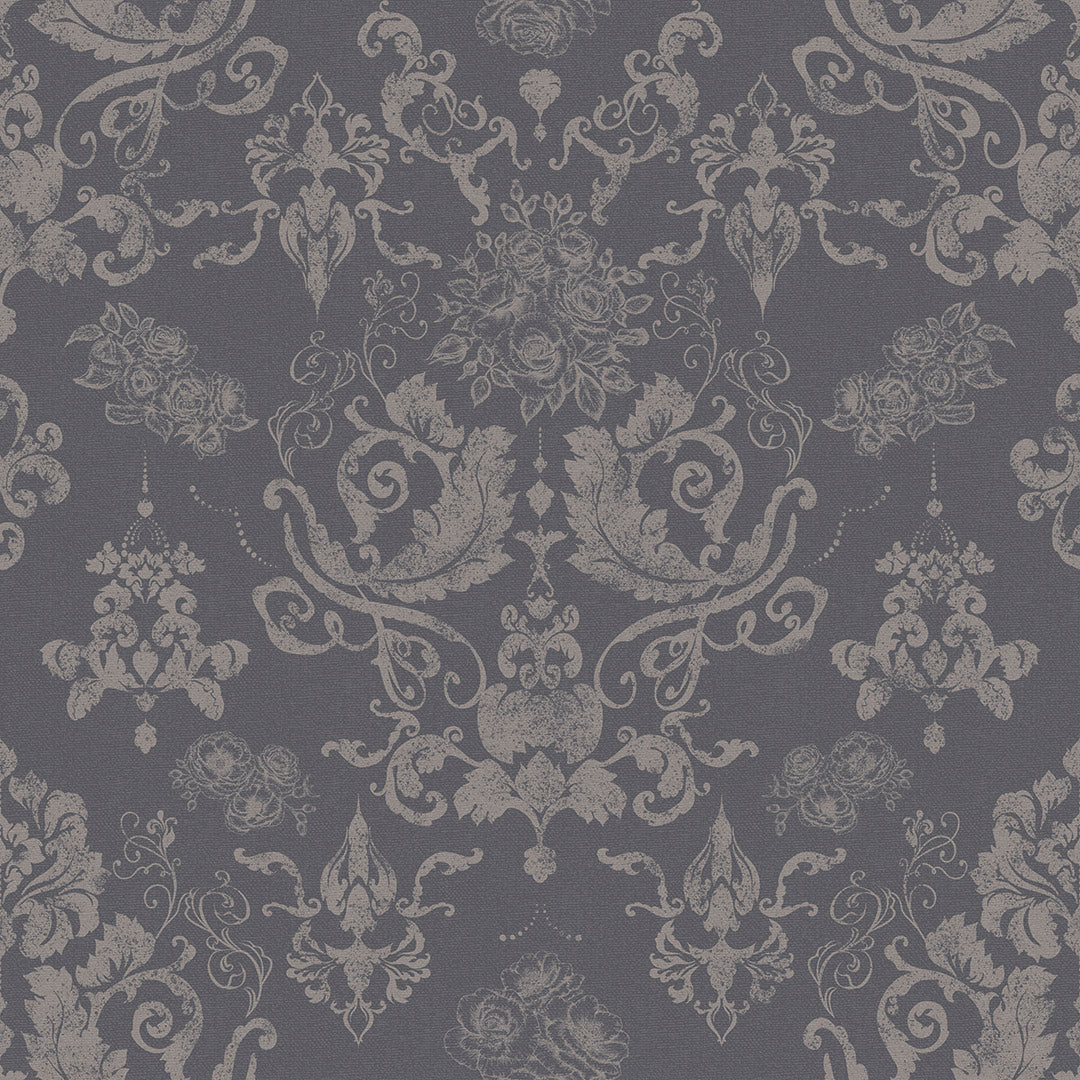 Damask wallpaper thumbnail with a traditional floral pattern in a slate grey color.