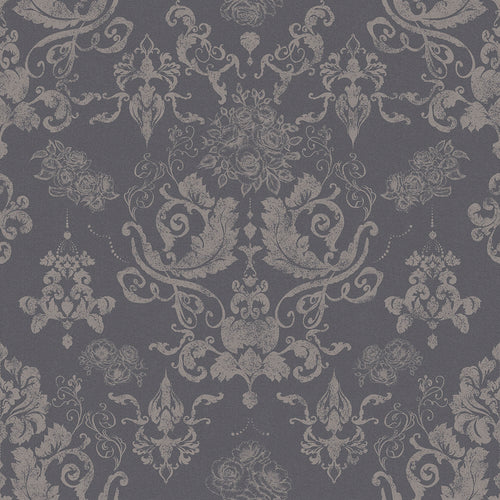 Sample of Bridgerton Damask Wallpaper in Slate and Vintage Grey