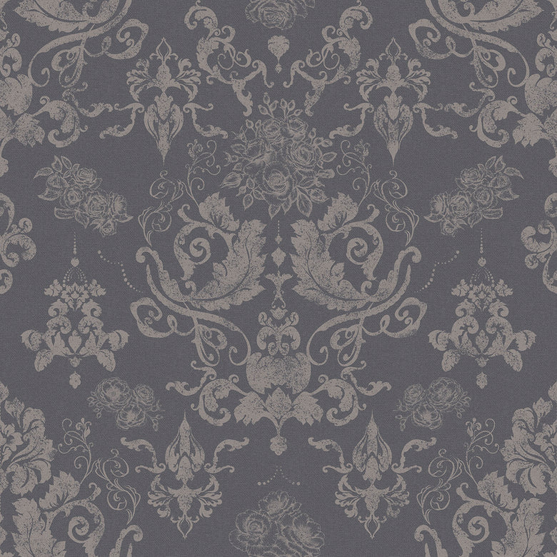 Sample of Bridgerton Damask Wallpaper in Slate and Vintage Grey