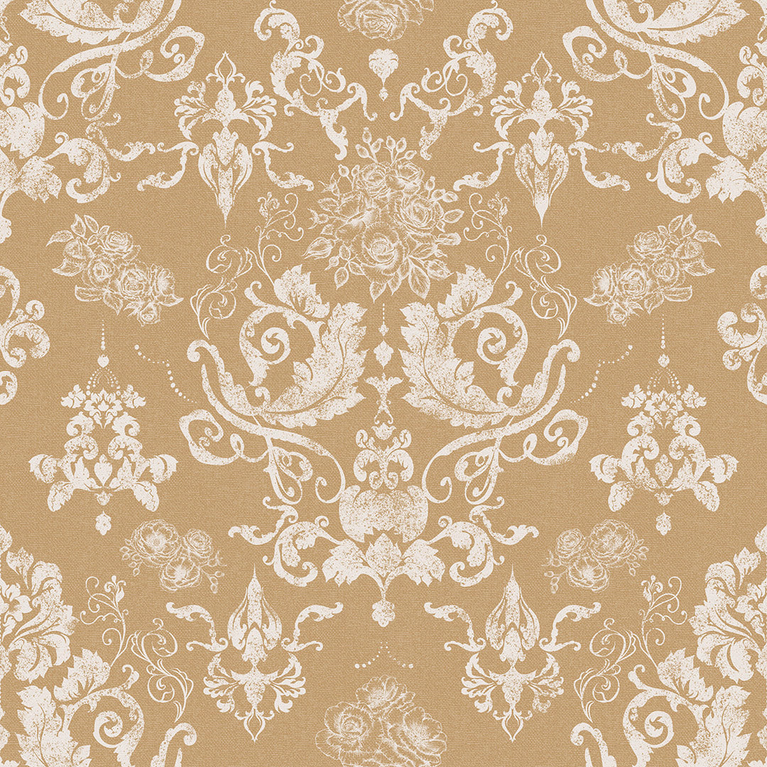 Damask wallpaper thumbnail in ochre featuring white floral motifs. 